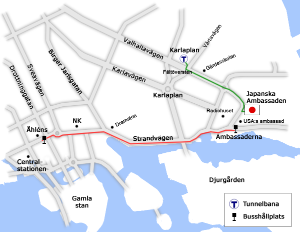 Karta som visar vägen till Japanska ambassaden på Gärdesgatan 10